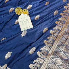 Navy Blue Mughal Buti Banarasi Mashru Silk Saree