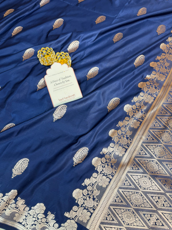 Navy Blue Mughal Buti Banarasi Mashru Silk Saree