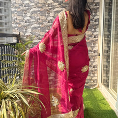 Rani Pink Gulnaaz Lotus Zardozi Soft Tissue Saree