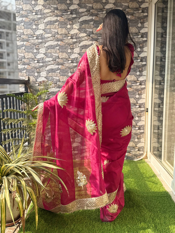 Rani Pink Gulnaaz Lotus Zardozi Soft Tissue Saree