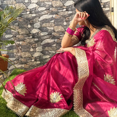 Rani Pink Gulnaaz Lotus Zardozi Soft Tissue Saree