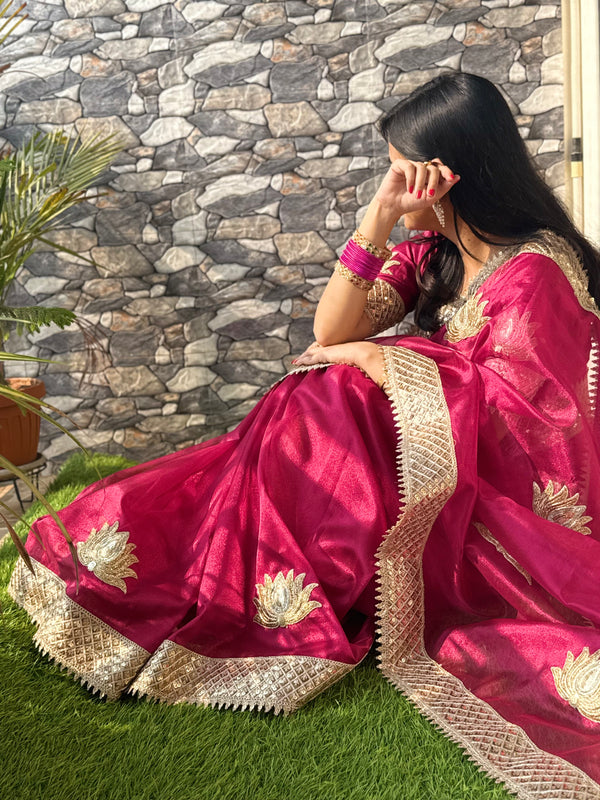 Rani Pink Gulnaaz Lotus Zardozi Soft Tissue Saree