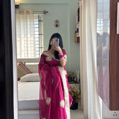 Rani Pink Gulnaaz Lotus Zardozi Soft Tissue Saree