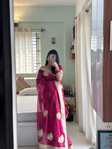 Rani Pink Gulnaaz Lotus Zardozi Soft Tissue Saree