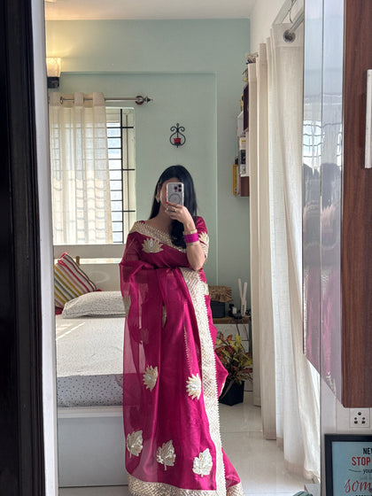 Rani Pink Gulnaaz Lotus Zardozi Soft Tissue Saree