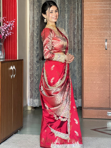 Royal Red Banarasi Nazakat Mirror-Pearl work Saree