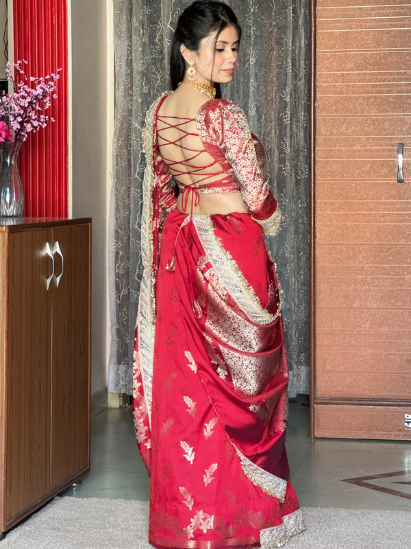 Royal Red Banarasi Nazakat Mirror-Pearl work Saree