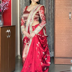 Royal Red Banarasi Nazakat Mirror-Pearl work Saree