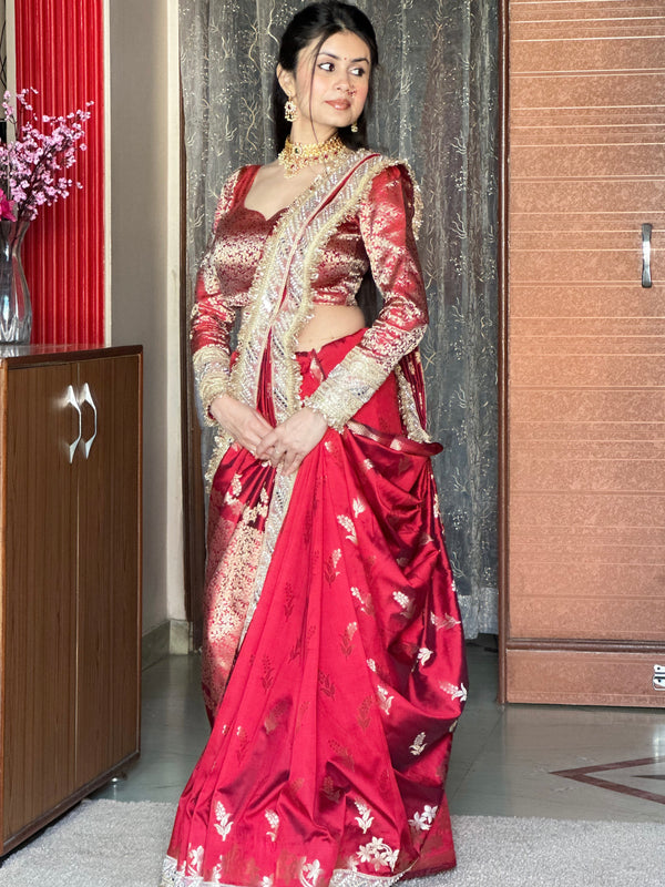 Royal Red Banarasi Nazakat Mirror-Pearl work Saree