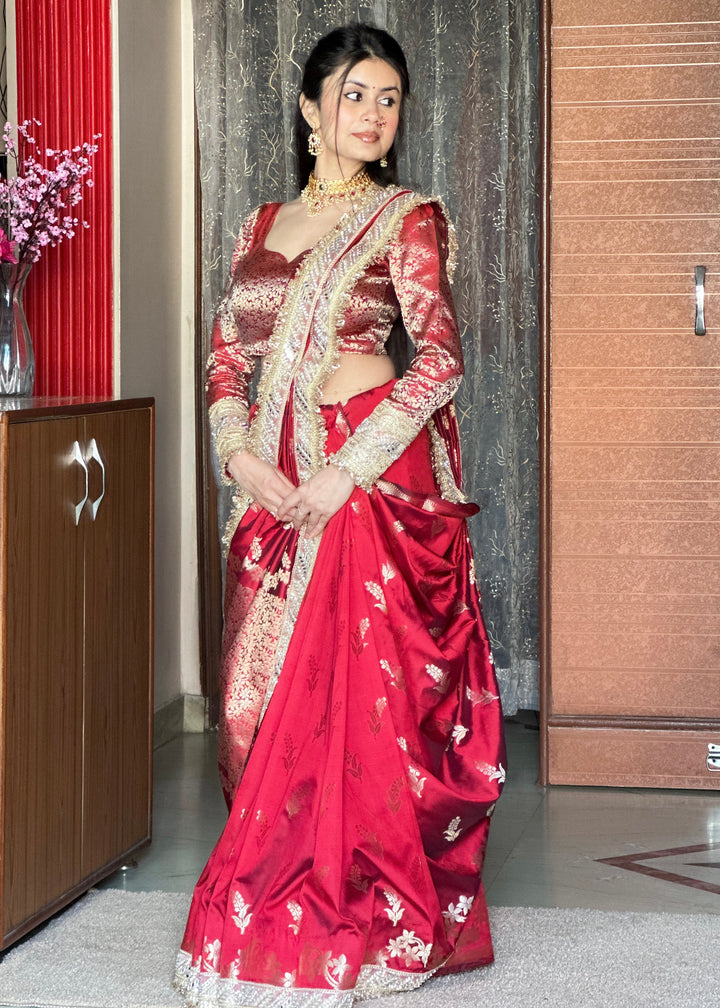 Maroon Red Banarasi Nazakat Soft-Silk Saree