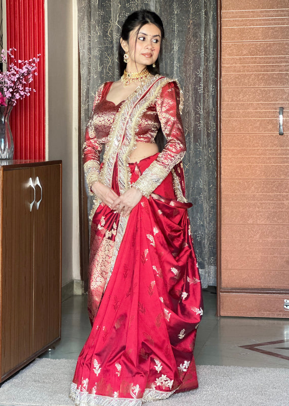 Royal Red Banarasi Nazakat Mirror-Pearl work Saree