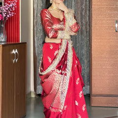 Royal Red Banarasi Nazakat Mirror-Pearl work Saree