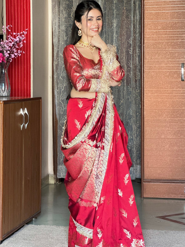 Royal Red Banarasi Nazakat Mirror-Pearl work Saree