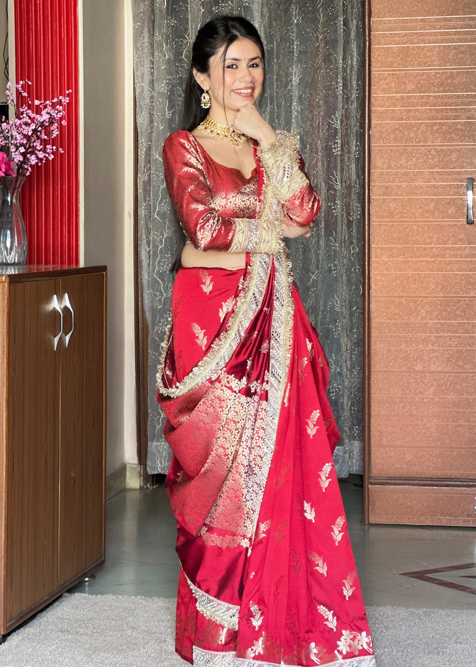 Maroon Red Banarasi Nazakat Soft-Silk Saree