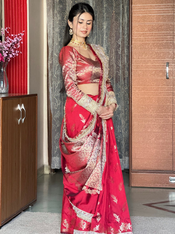 Royal Red Banarasi Nazakat Mirror-Pearl work Saree