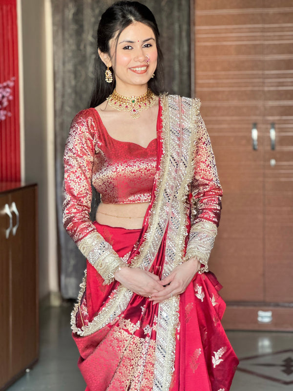 Royal Red Banarasi Nazakat Mirror-Pearl work Saree