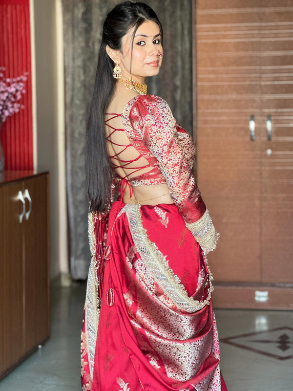 Royal Red Banarasi Nazakat Mirror-Pearl work Saree