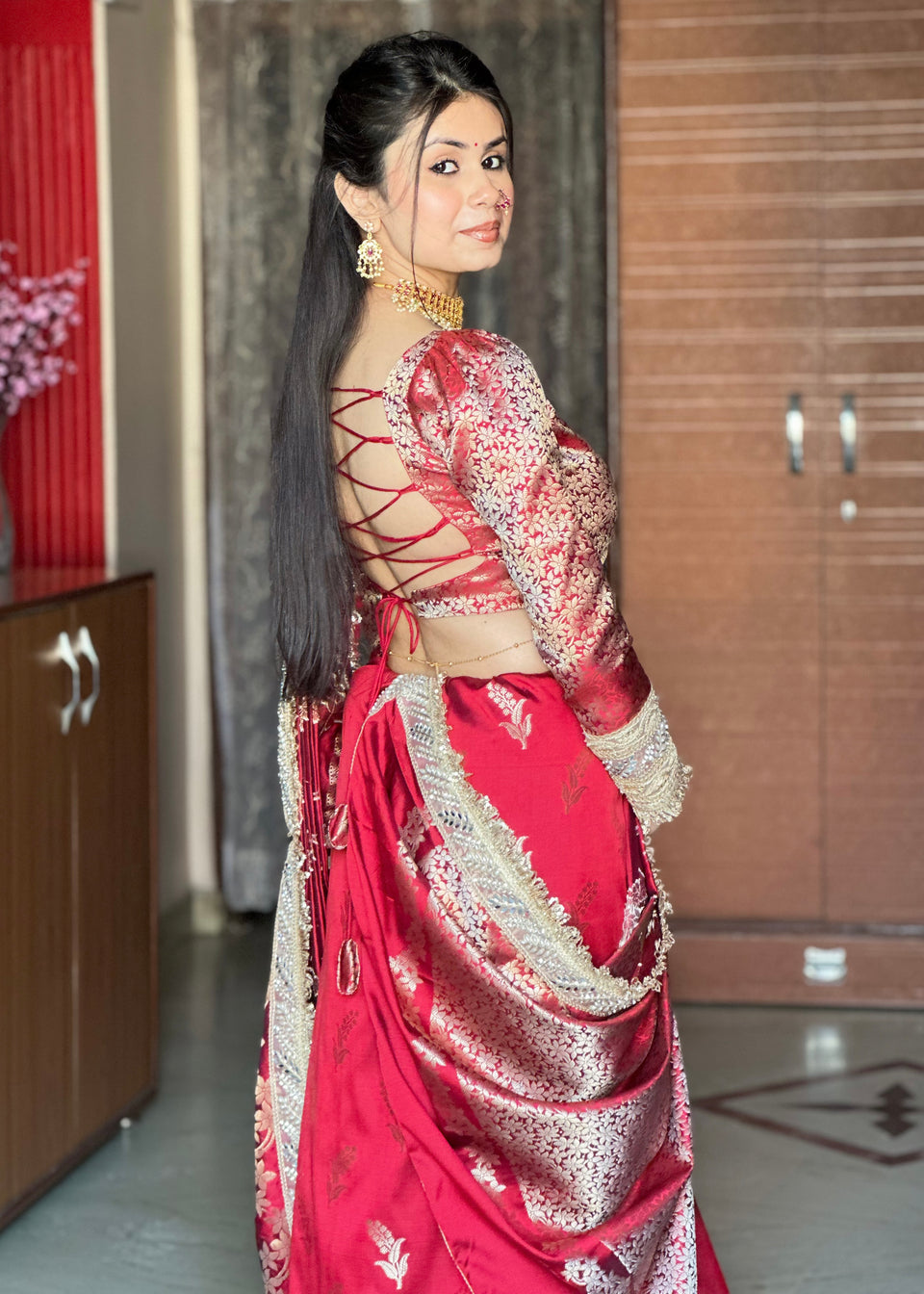 Maroon Red Banarasi Nazakat Soft-Silk Saree