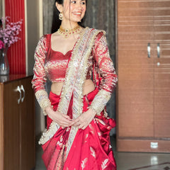 Royal Red Banarasi Nazakat Mirror-Pearl work Saree