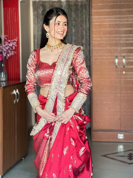 Royal Red Banarasi Nazakat Mirror-Pearl work Saree