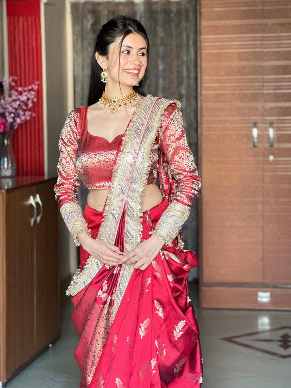 Royal Red Banarasi Nazakat Mirror-Pearl work Saree