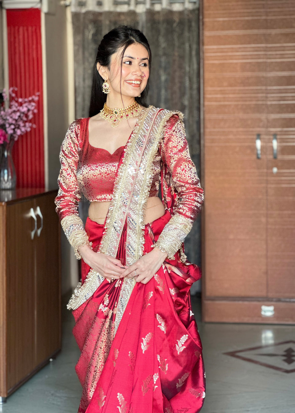 Maroon Red Banarasi Nazakat Soft-Silk Saree