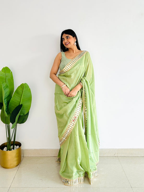 Mint Green Designer Mirror Work Pure Tissue Silk Saree | Special Edition