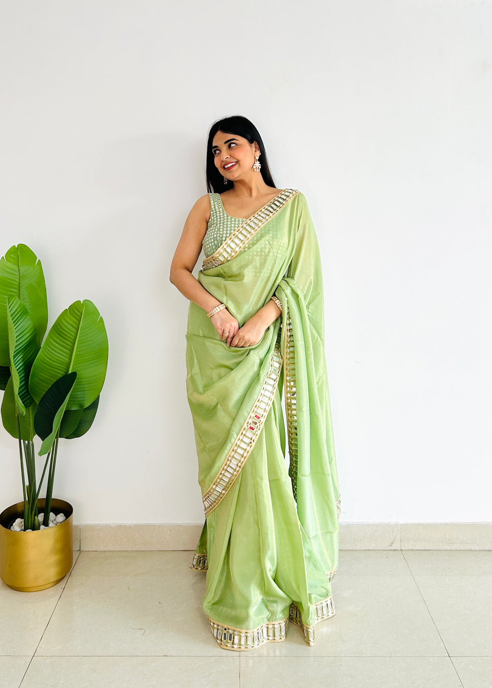 Mint Green Designer Mirror Work Pure Tissue Silk Saree | Special Edition