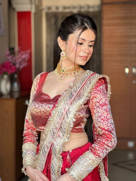 Royal Red Banarasi Nazakat Mirror-Pearl work Saree