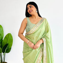 Mint Green Designer Mirror Work Pure Tissue Silk Saree | Special Edition