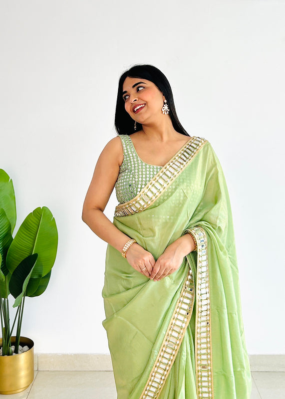 Mint Green Designer Mirror Work Pure Tissue Silk Saree | Special Edition