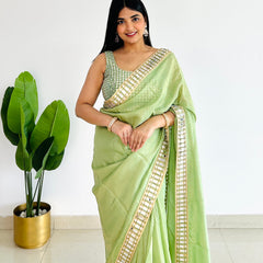 Mint Green Designer Mirror Work Pure Tissue Silk Saree | Special Edition