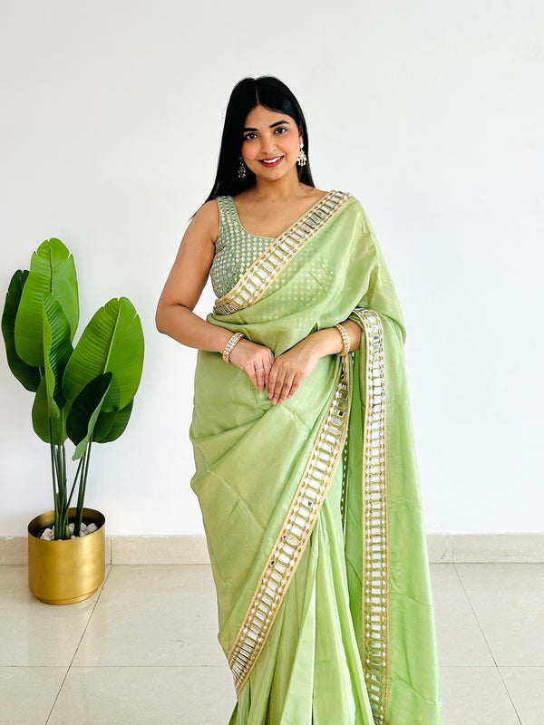 Mint Green Designer Mirror Work Pure Tissue Silk Saree | Special Edition