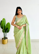 Mint Green Designer Mirror Work Pure Tissue Silk Saree | Special Edition