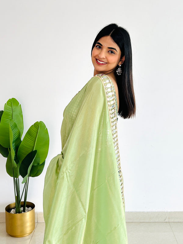 Mint Green Designer Mirror Work Pure Tissue Silk Saree | Special Edition