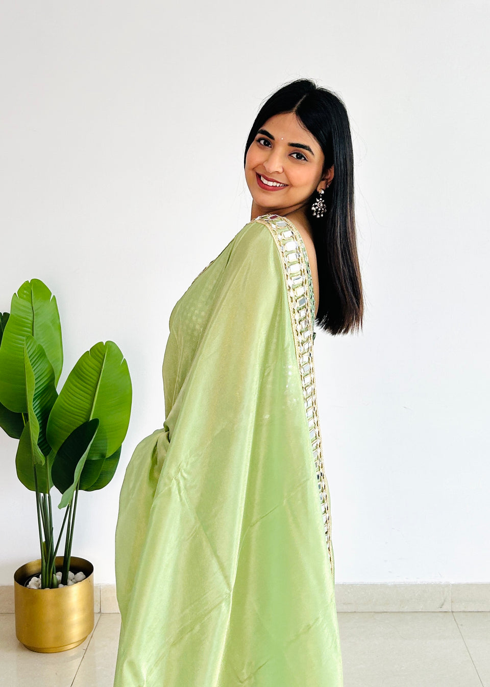 Mint Green Designer Mirror Work Pure Tissue Silk Saree | Special Edition