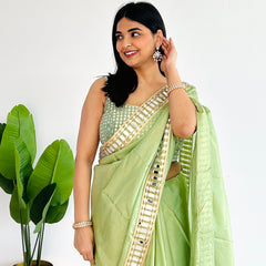 Mint Green Designer Mirror Work Pure Tissue Silk Saree | Special Edition