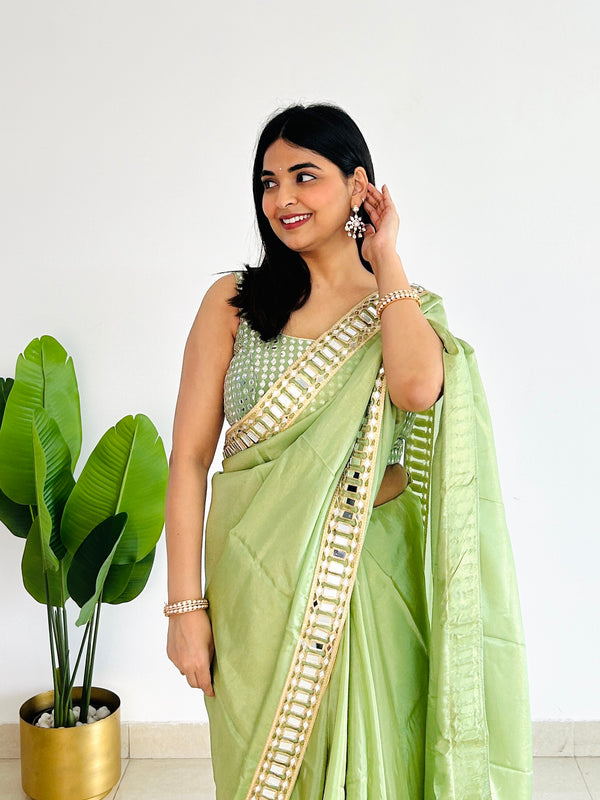 Mint Green Designer Mirror Work Pure Tissue Silk Saree | Special Edition