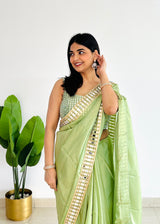 Mint Green Designer Mirror Work Pure Tissue Silk Saree | Special Edition