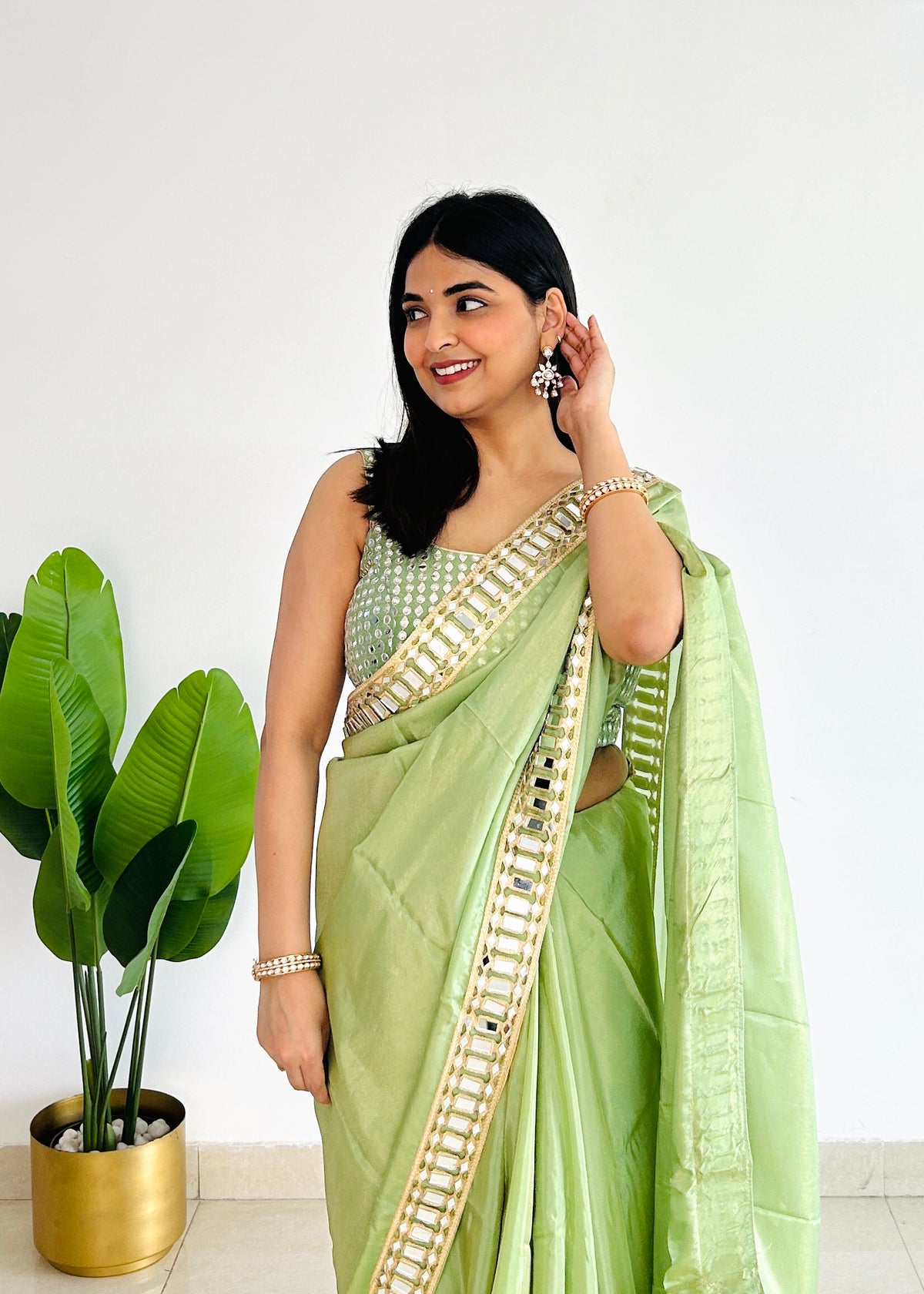 Mint Green Designer Mirror Work Pure Tissue Silk Saree | Special Edition