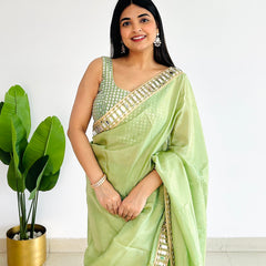 Mint Green Designer Mirror Work Pure Tissue Silk Saree | Special Edition