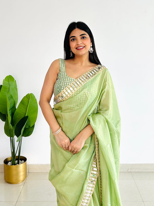 Mint Green Designer Mirror Work Pure Tissue Silk Saree | Special Edition