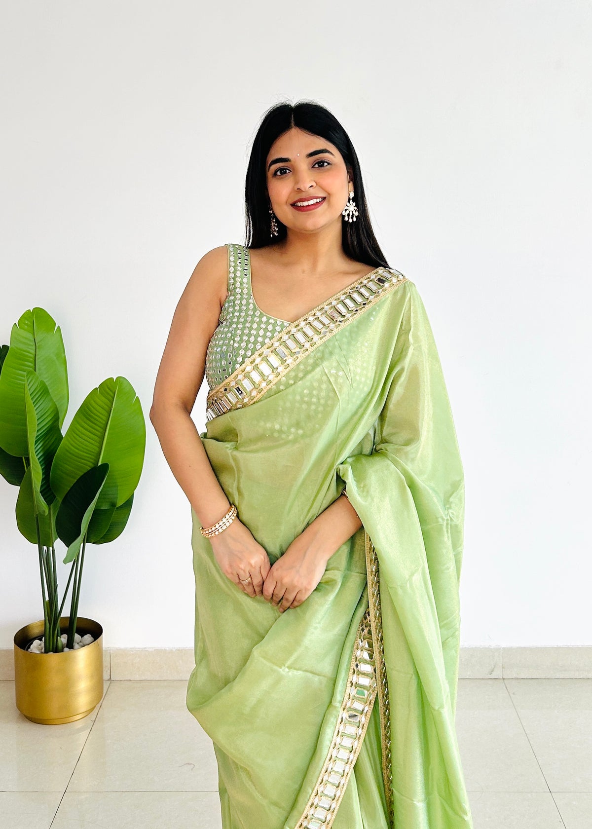 Mint Green Designer Mirror Work Pure Tissue Silk Saree | Special Edition