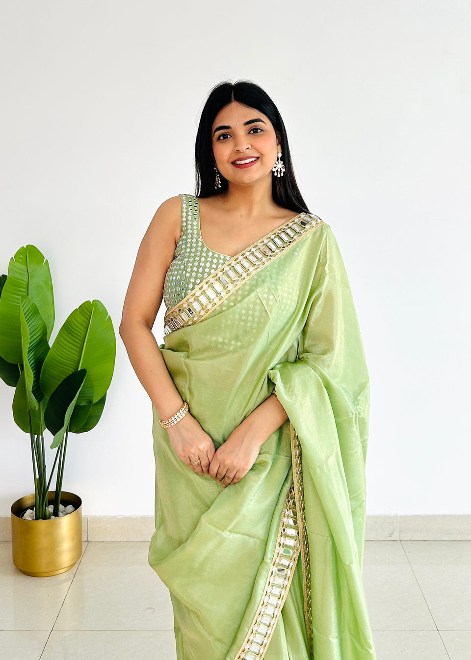 Mint Green Designer Mirror Work Pure Tissue Silk Saree | Special Edition