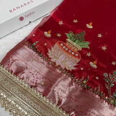 Sindoor Red Shubh Mangal Kalash Pure Tissue Silk Saree