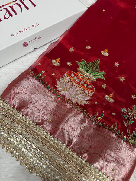 Sindoor Red Shubh Mangal Kalash Pure Tissue Silk Saree