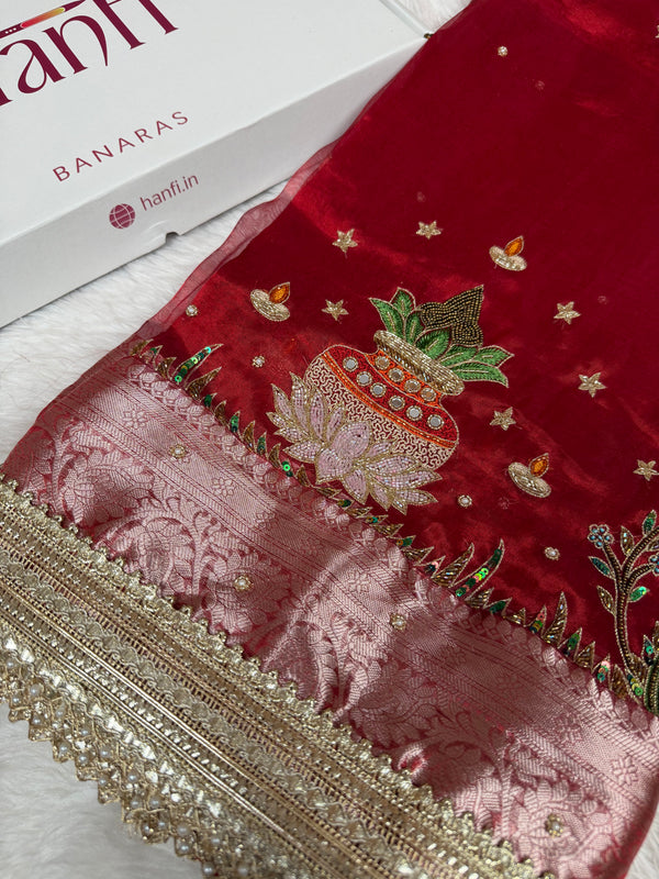 Sindoor Red Shubh Mangal Kalash Pure Tissue Silk Saree