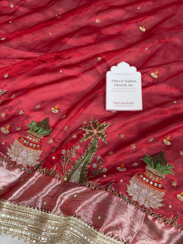 Sindoor Red Shubh Mangal Kalash Pure Tissue Silk Saree