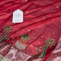 Sindoor Red Shubh Mangal Kalash Pure Tissue Silk Saree