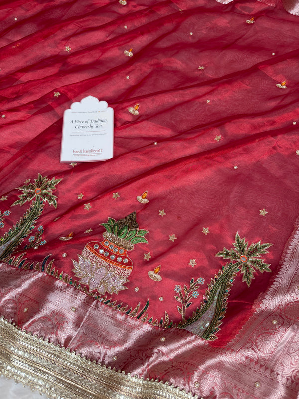 Sindoor Red Shubh Mangal Kalash Pure Tissue Silk Saree